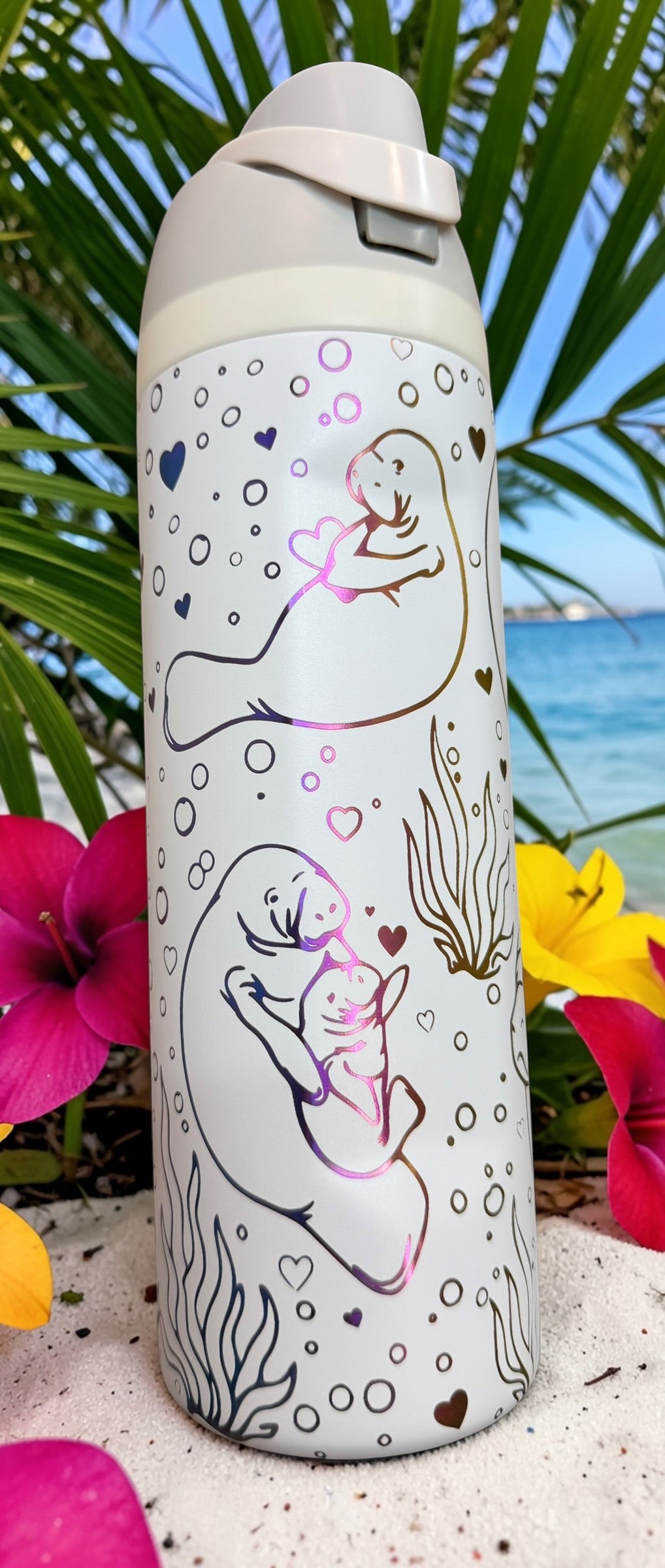 24oz Owala Style Tumbler -White Multicolor Manatee