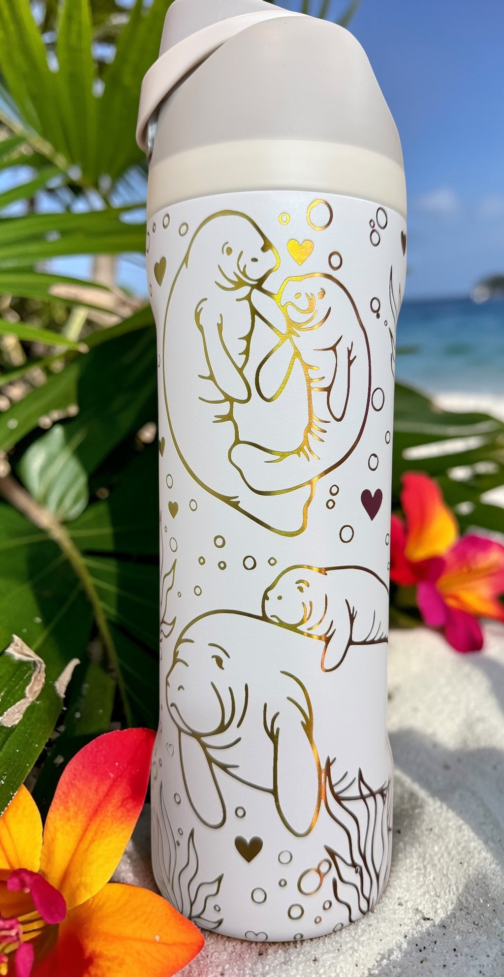 24oz Owala Style Tumbler -White Multicolor Manatee