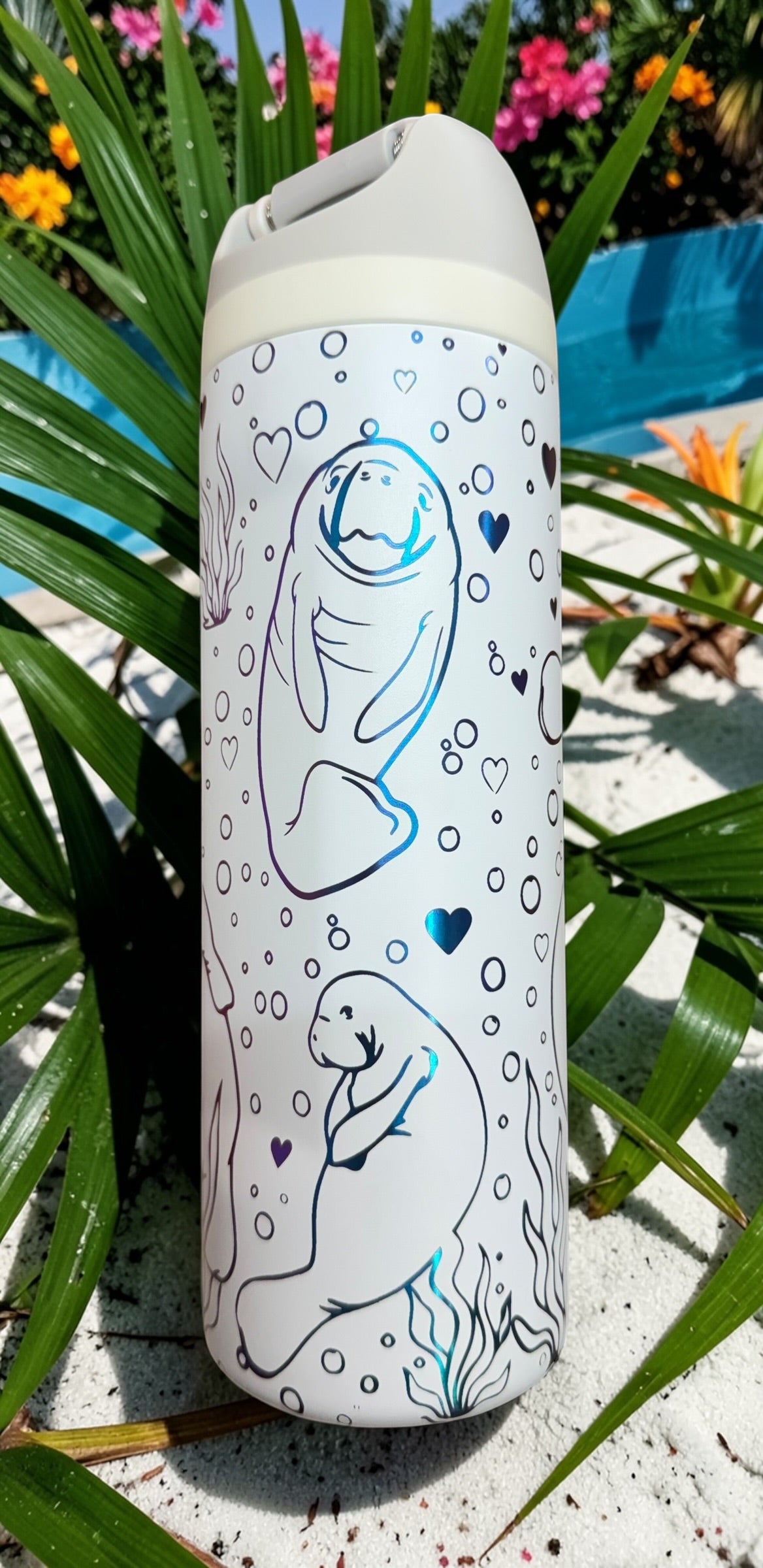 24oz Owala Style Tumbler -White Multicolor Manatee